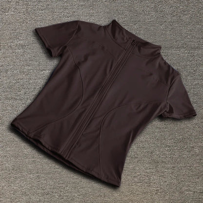 Summer High Quality Waist Slimming Training Tops Women's Quick - drying Tight Stand Collar Full Zipper Short Sleeves Yoga shirts - Avero