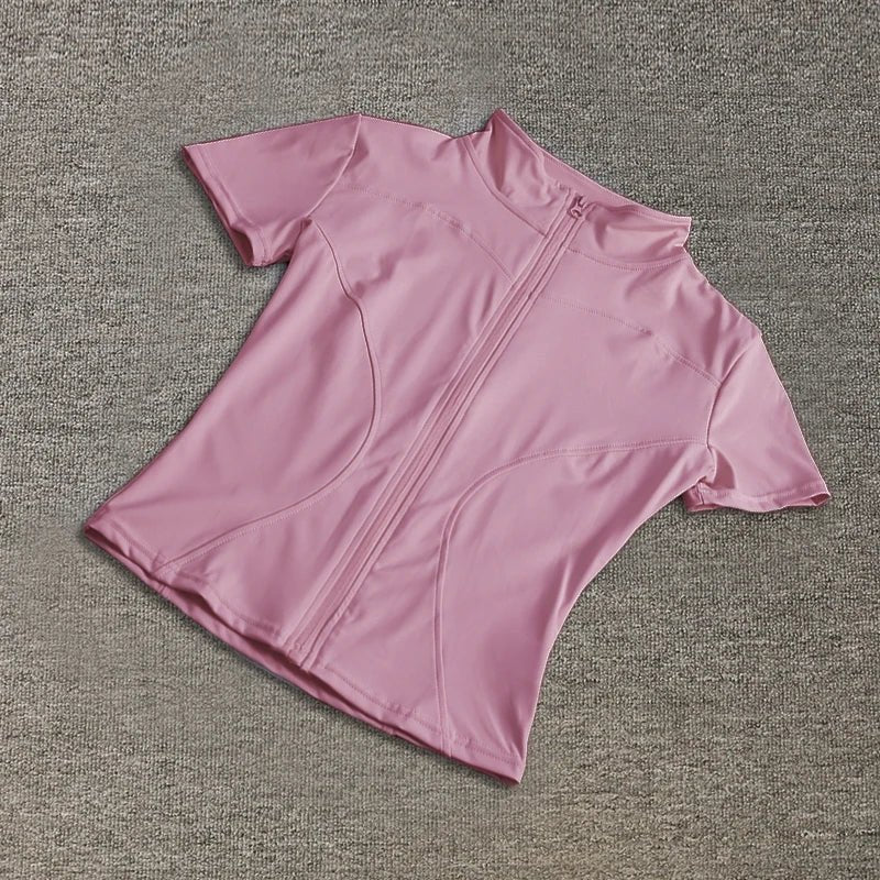Summer High Quality Waist Slimming Training Tops Women's Quick - drying Tight Stand Collar Full Zipper Short Sleeves Yoga shirts - Avero