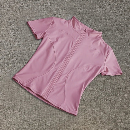 Summer High Quality Waist Slimming Training Tops Women's Quick - drying Tight Stand Collar Full Zipper Short Sleeves Yoga shirts - Avero