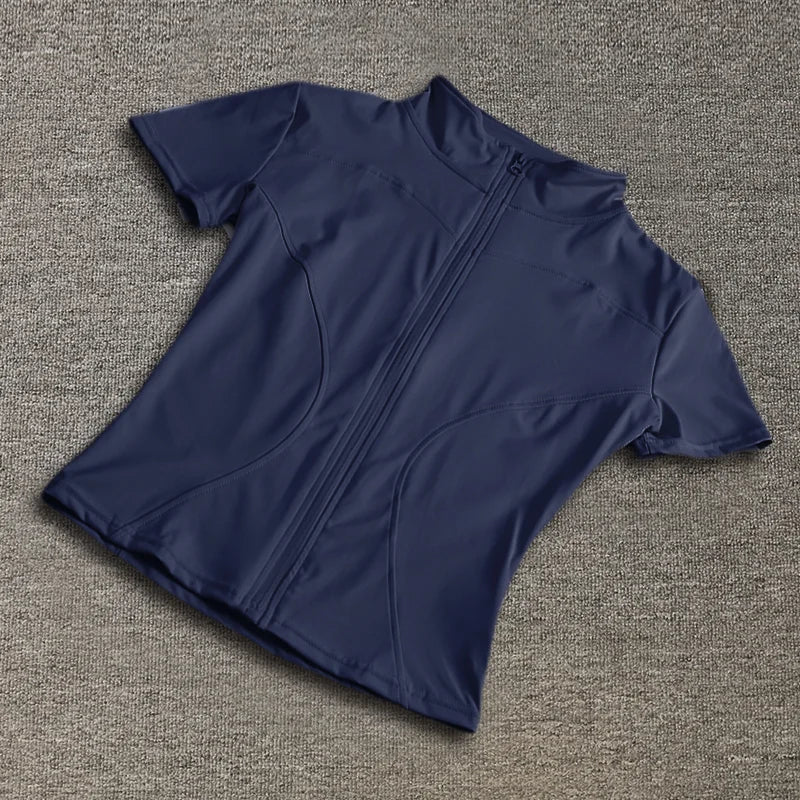 Summer High Quality Waist Slimming Training Tops Women's Quick - drying Tight Stand Collar Full Zipper Short Sleeves Yoga shirts - Avero