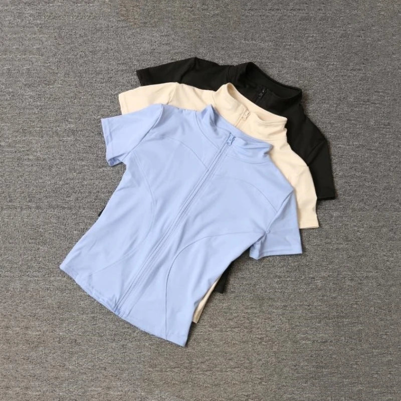Summer High Quality Waist Slimming Training Tops Women's Quick - drying Tight Stand Collar Full Zipper Short Sleeves Yoga shirts - Avero