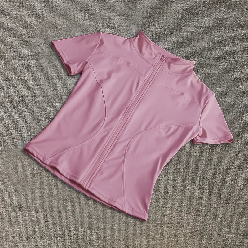 Summer High Quality Waist Slimming Training Tops Women's Quick - drying Tight Stand Collar Full Zipper Short Sleeves Yoga shirts - Avero