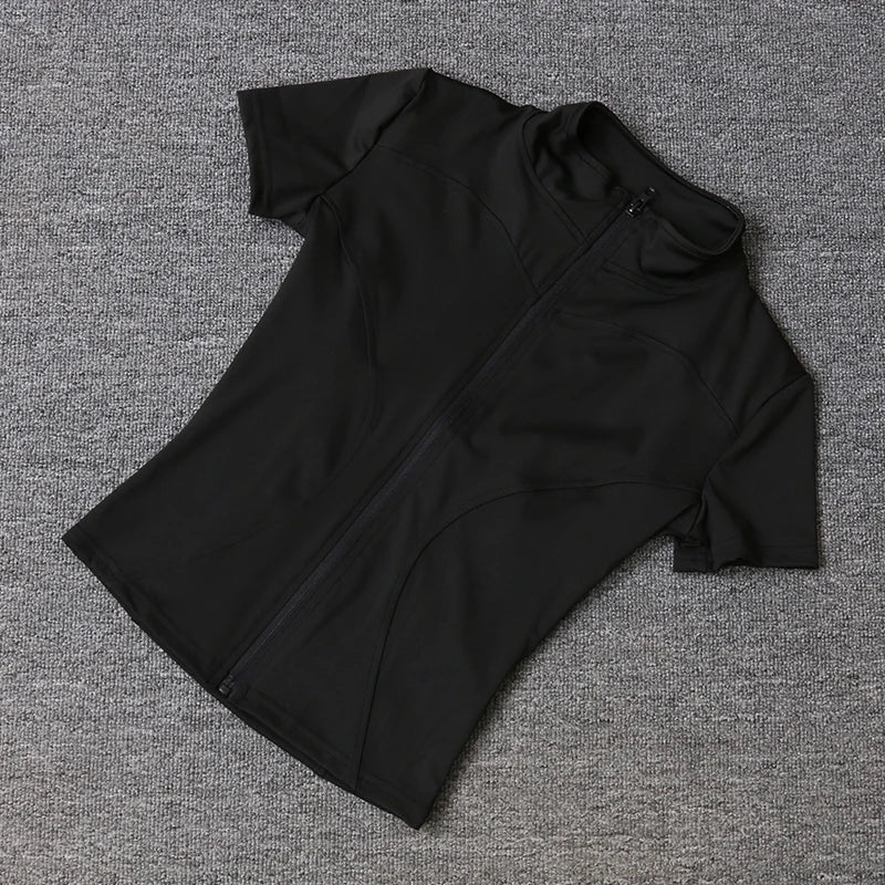 Summer High Quality Waist Slimming Training Tops Women's Quick - drying Tight Stand Collar Full Zipper Short Sleeves Yoga shirts - Avero
