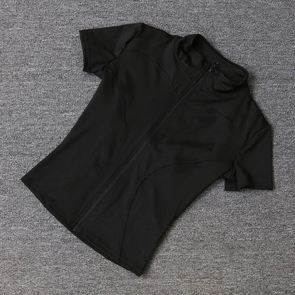 Summer High Quality Waist Slimming Training Tops Women's Quick - drying Tight Stand Collar Full Zipper Short Sleeves Yoga shirts - Avero