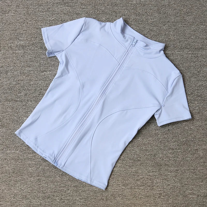 Summer High Quality Waist Slimming Training Tops Women's Quick - drying Tight Stand Collar Full Zipper Short Sleeves Yoga shirts - Avero