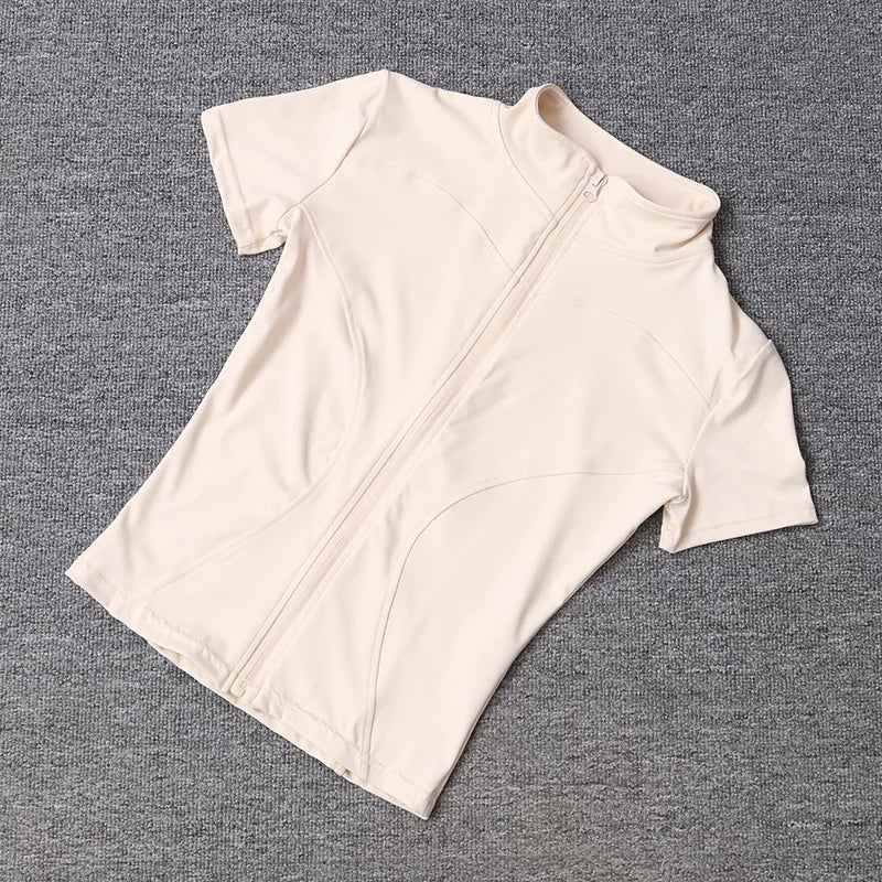 Summer High Quality Waist Slimming Training Tops Women's Quick - drying Tight Stand Collar Full Zipper Short Sleeves Yoga shirts - Avero