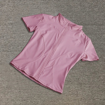 Summer High Quality Waist Slimming Training Tops Women's Quick - drying Tight Stand Collar Full Zipper Short Sleeves Yoga shirts - Avero