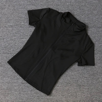 Summer High Quality Waist Slimming Training Tops Women's Quick - drying Tight Stand Collar Full Zipper Short Sleeves Yoga shirts - Avero