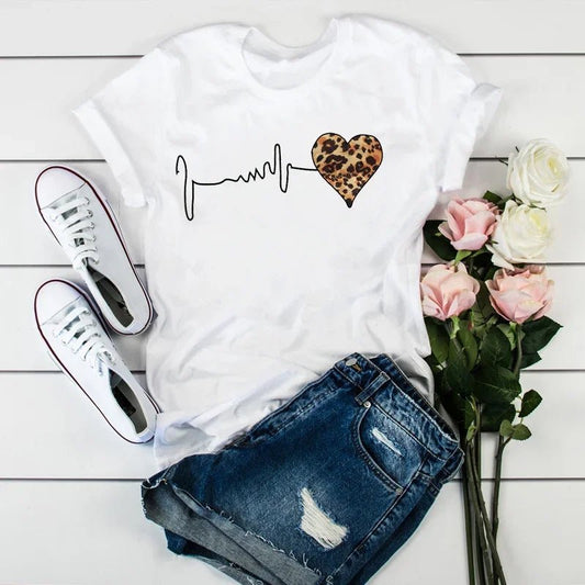 Summer New 90 's Leopard Heartbeat Short Sleeve Print Clothing Women's T-Shirt Harajuku Graphic Clothing Women's Top Tee - Avero