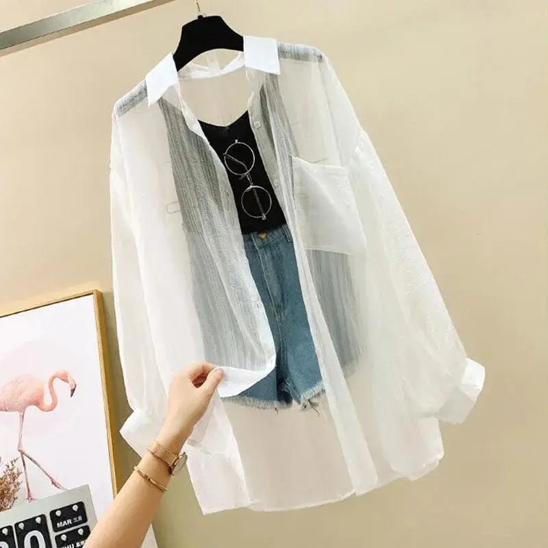 Summer Sunscreen Shirt Elegant Perspective Thin Chiffon Blouse Korean Harajuku See Through Loose Top Casual Women's Cardigan - Avero