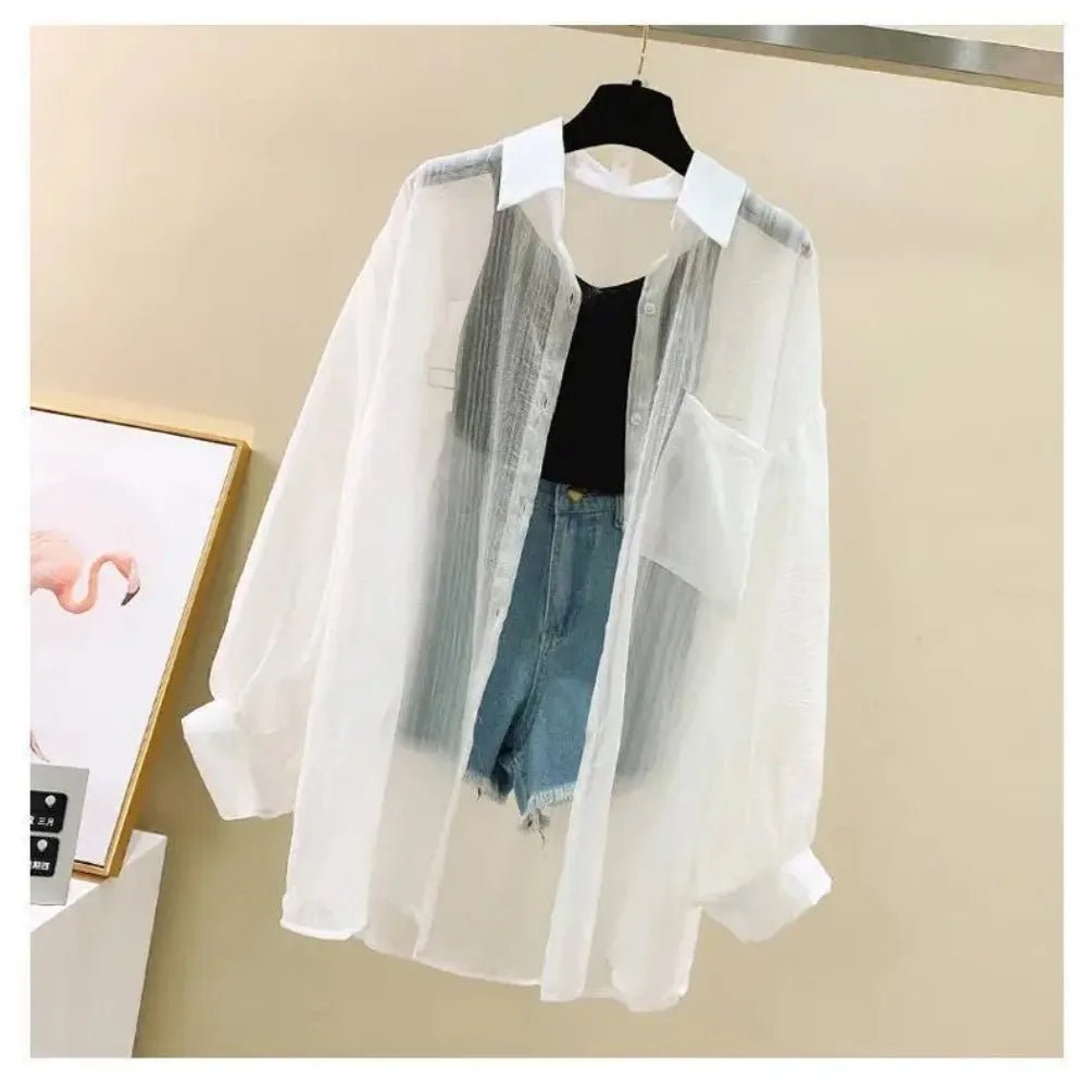 Summer Sunscreen Shirt Elegant Perspective Thin Chiffon Blouse Korean Harajuku See Through Loose Top Casual Women's Cardigan - Avero