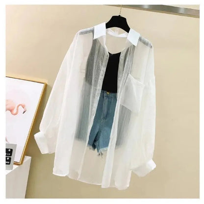 Summer Sunscreen Shirt Elegant Perspective Thin Chiffon Blouse Korean Harajuku See Through Loose Top Casual Women's Cardigan - Avero