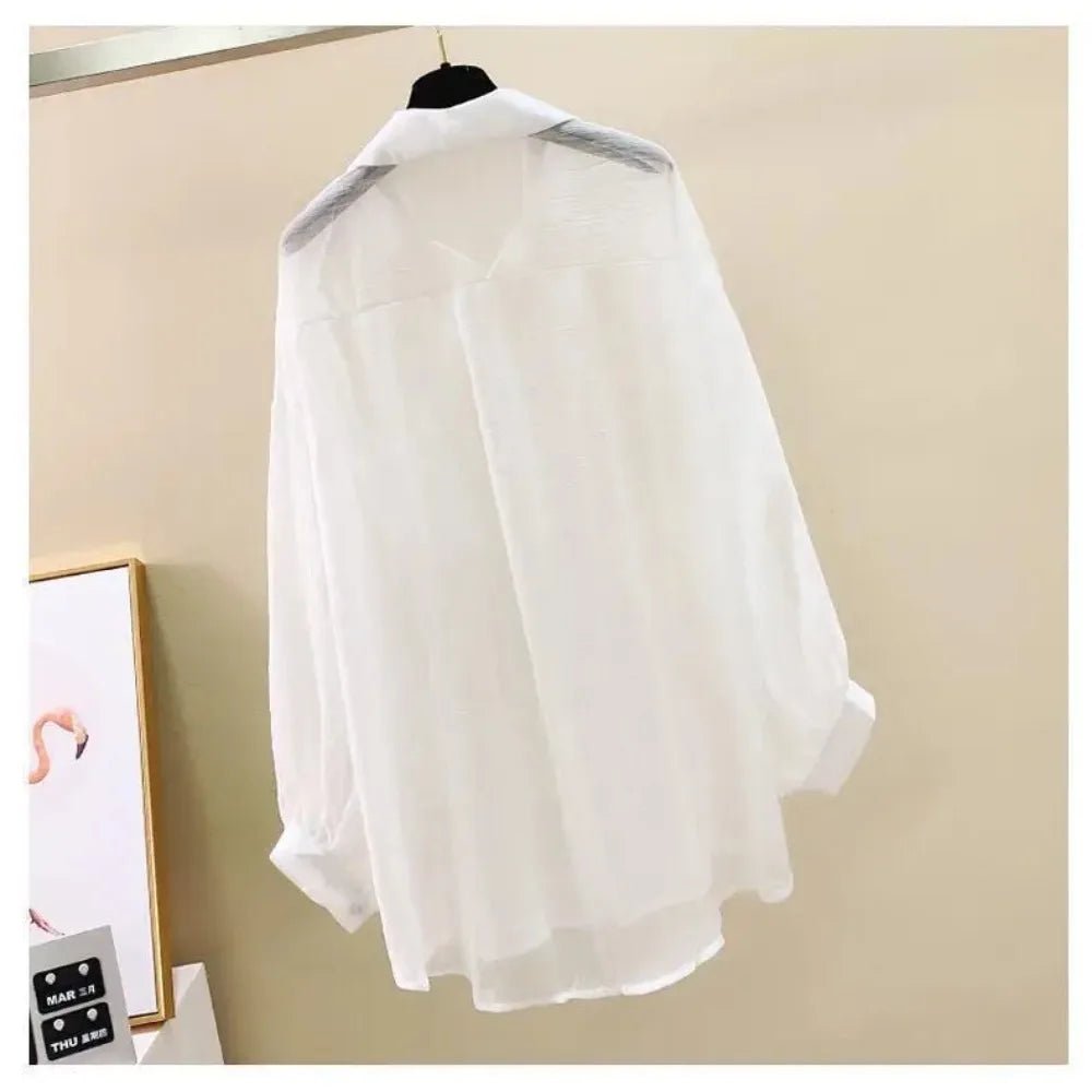 Summer Sunscreen Shirt Elegant Perspective Thin Chiffon Blouse Korean Harajuku See Through Loose Top Casual Women's Cardigan - Avero