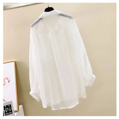 Summer Sunscreen Shirt Elegant Perspective Thin Chiffon Blouse Korean Harajuku See Through Loose Top Casual Women's Cardigan - Avero