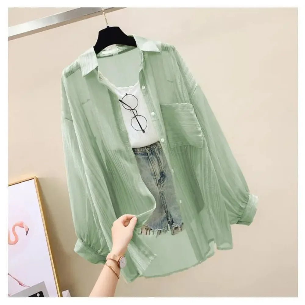 Summer Sunscreen Shirt Elegant Perspective Thin Chiffon Blouse Korean Harajuku See Through Loose Top Casual Women's Cardigan - Avero