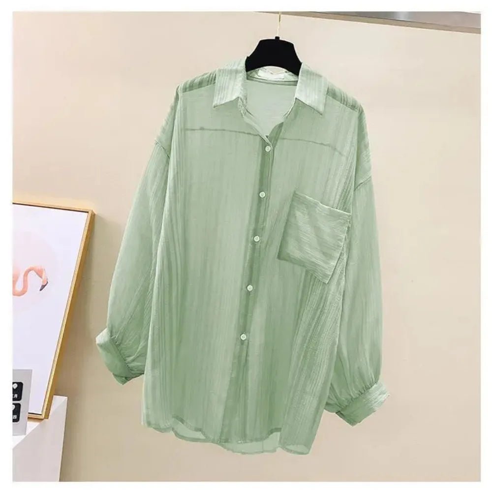 Summer Sunscreen Shirt Elegant Perspective Thin Chiffon Blouse Korean Harajuku See Through Loose Top Casual Women's Cardigan - Avero