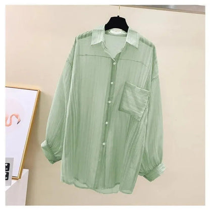Summer Sunscreen Shirt Elegant Perspective Thin Chiffon Blouse Korean Harajuku See Through Loose Top Casual Women's Cardigan - Avero