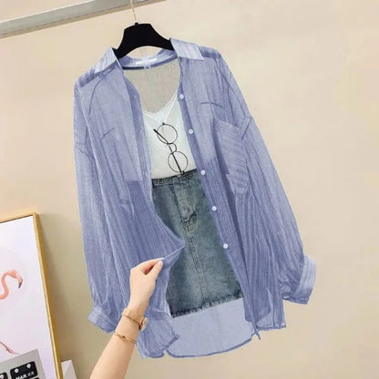 Summer Sunscreen Shirt Elegant Perspective Thin Chiffon Blouse Korean Harajuku See Through Loose Top Casual Women's Cardigan - Avero
