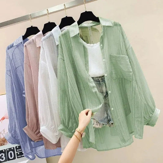 Summer Sunscreen Shirt Elegant Perspective Thin Chiffon Blouse Korean Harajuku See Through Loose Top Casual Women's Cardigan - Avero