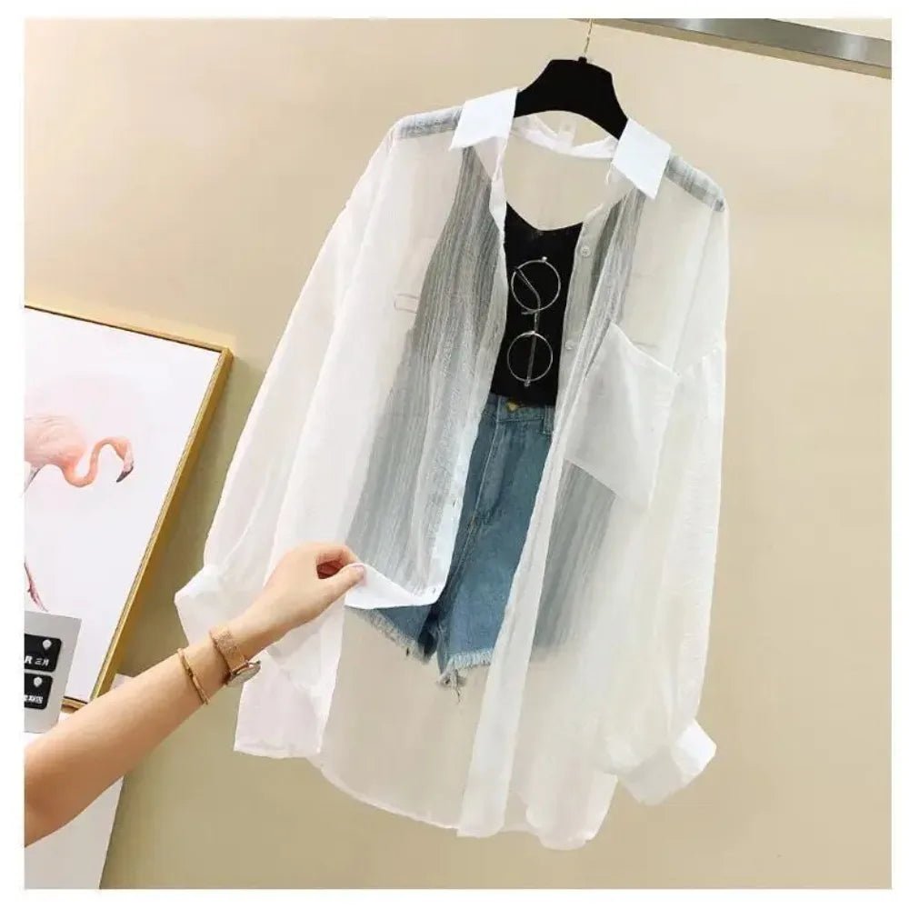 Summer Sunscreen Shirt Elegant Perspective Thin Chiffon Blouse Korean Harajuku See Through Loose Top Casual Women's Cardigan - Avero