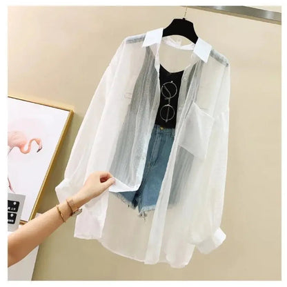 Summer Sunscreen Shirt Elegant Perspective Thin Chiffon Blouse Korean Harajuku See Through Loose Top Casual Women's Cardigan - Avero