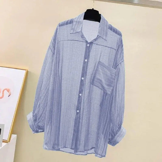 Summer Sunscreen Shirt Elegant Perspective Thin Chiffon Blouse Korean Harajuku See Through Loose Top Casual Women's Cardigan - Avero
