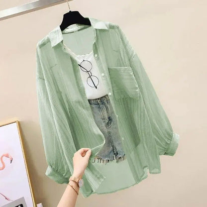 Summer Sunscreen Shirt Elegant Perspective Thin Chiffon Blouse Korean Harajuku See Through Loose Top Casual Women's Cardigan - Avero