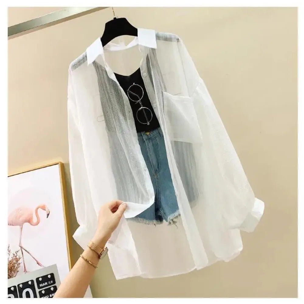 Summer Sunscreen Shirt Elegant Perspective Thin Chiffon Blouse Korean Harajuku See Through Loose Top Casual Women's Cardigan - Avero