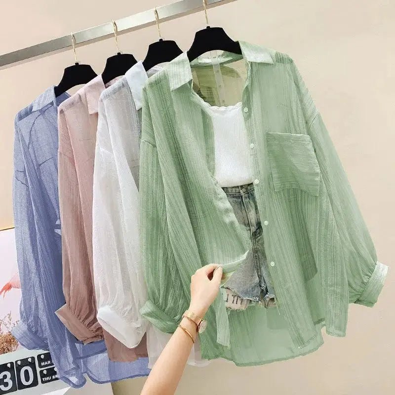 Summer Sunscreen Shirt Elegant Perspective Thin Chiffon Blouse Korean Harajuku See Through Loose Top Casual Women's Cardigan - Avero