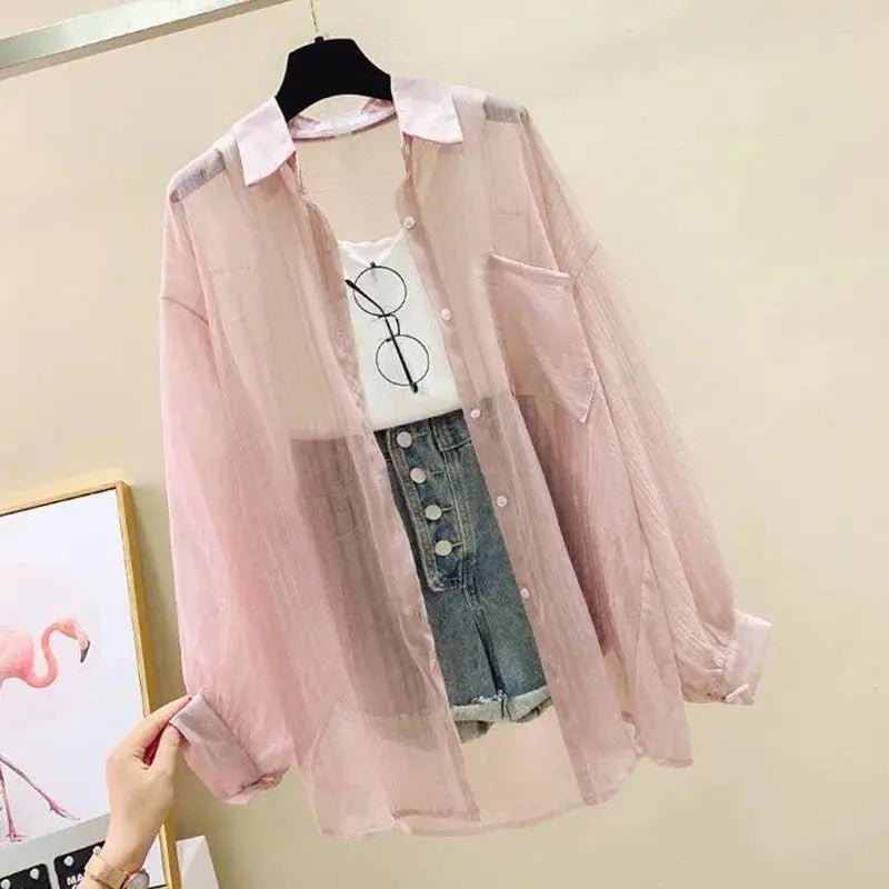 Summer Sunscreen Shirt Elegant Perspective Thin Chiffon Blouse Korean Harajuku See Through Loose Top Casual Women's Cardigan - Avero