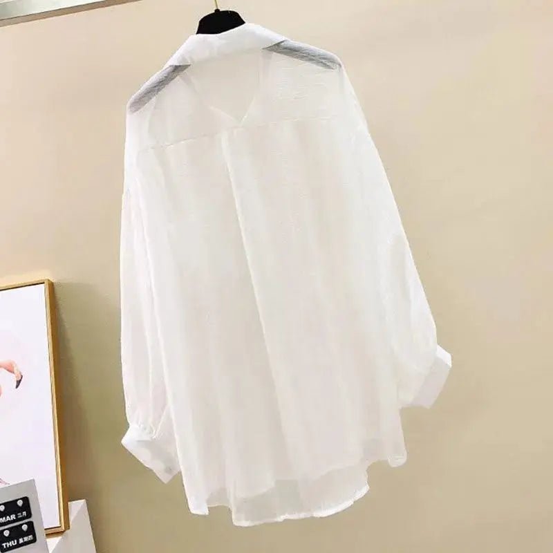 Summer Sunscreen Shirt Elegant Perspective Thin Chiffon Blouse Korean Harajuku See Through Loose Top Casual Women's Cardigan - Avero