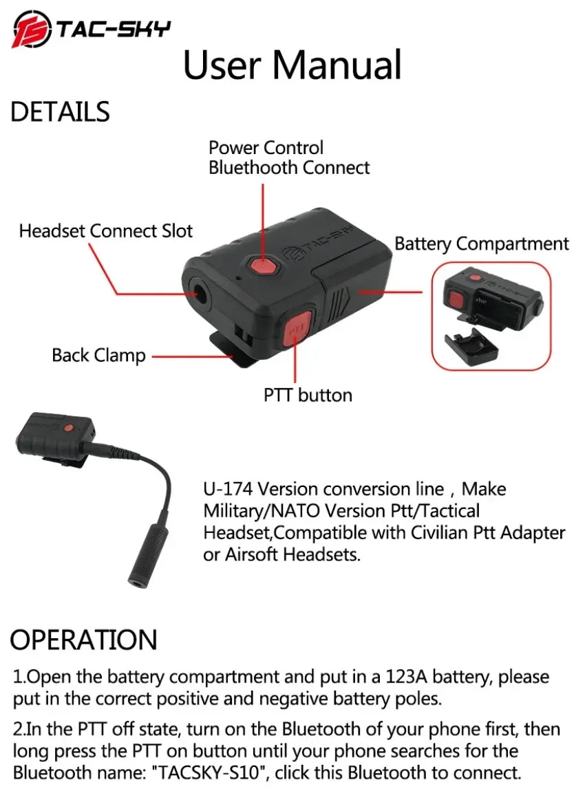 TAC - SKY Tactical Headset Bluetooth Adapter for PELTO COMTA/MSA Sordin/AMP/TCI/TEAHEADSET/Airsoft Shooting Headphone - Avero