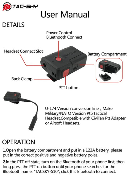 TAC - SKY Tactical Headset Bluetooth Adapter for PELTO COMTA/MSA Sordin/AMP/TCI/TEAHEADSET/Airsoft Shooting Headphone - Avero
