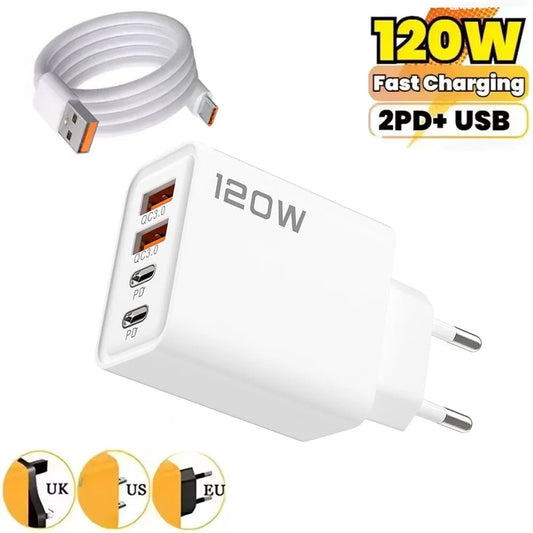 Total 120W 4 Port USB Type C Charger Fast Charging Data Cable USB Phone Charger Adapter for Samsung IPhone Xiaomi Wall Charger - Avero