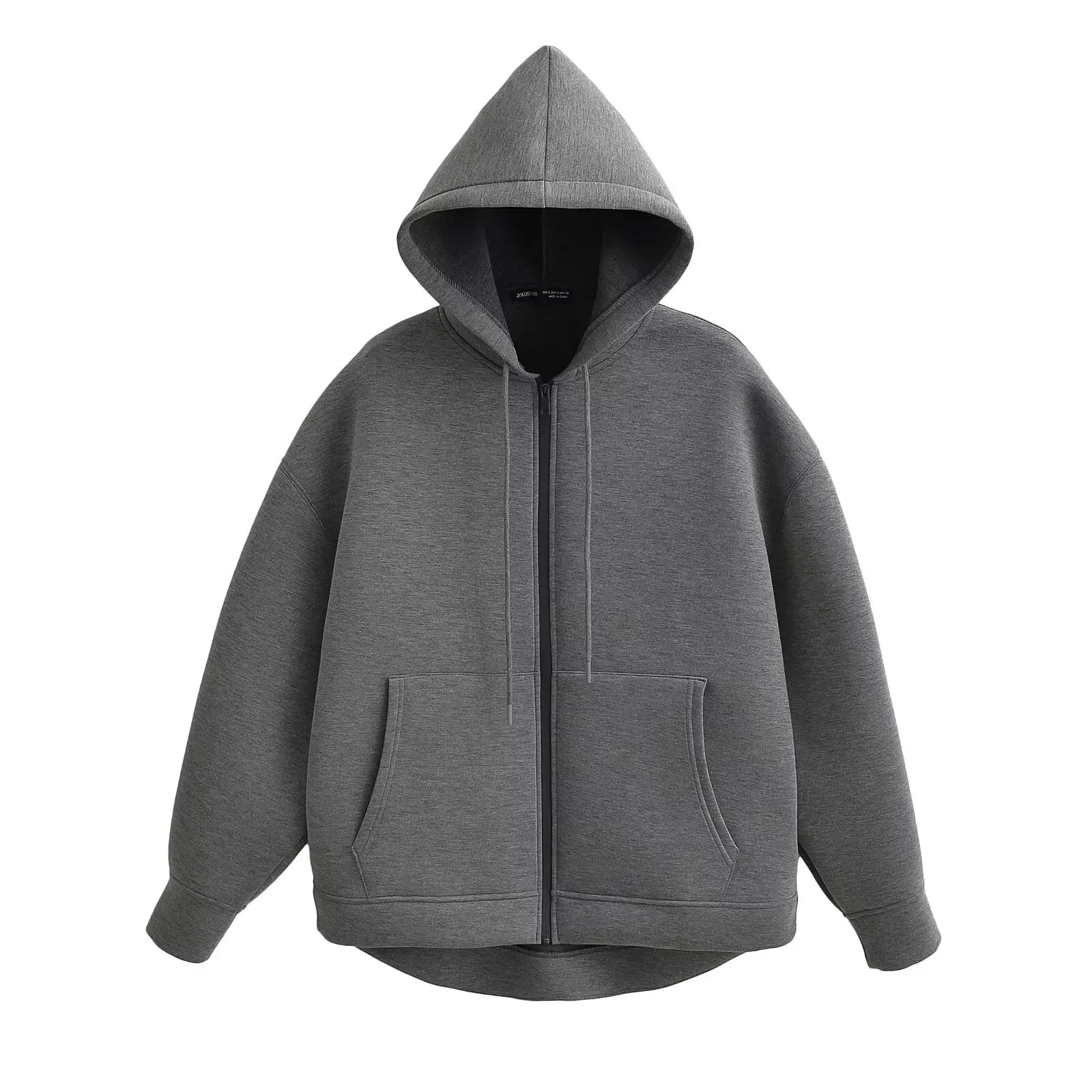 TRAFZA Autumn Women Gray Jacket With Hood Long Sleeve Big Pocket Zipper Jacket Coat Woman Loose Casual Outerwear Coat Tops - Avero
