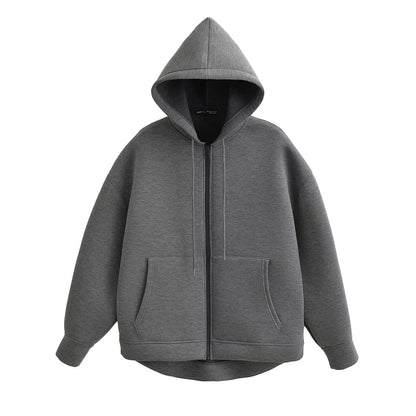 TRAFZA Autumn Women Gray Jacket With Hood Long Sleeve Big Pocket Zipper Jacket Coat Woman Loose Casual Outerwear Coat Tops - Avero