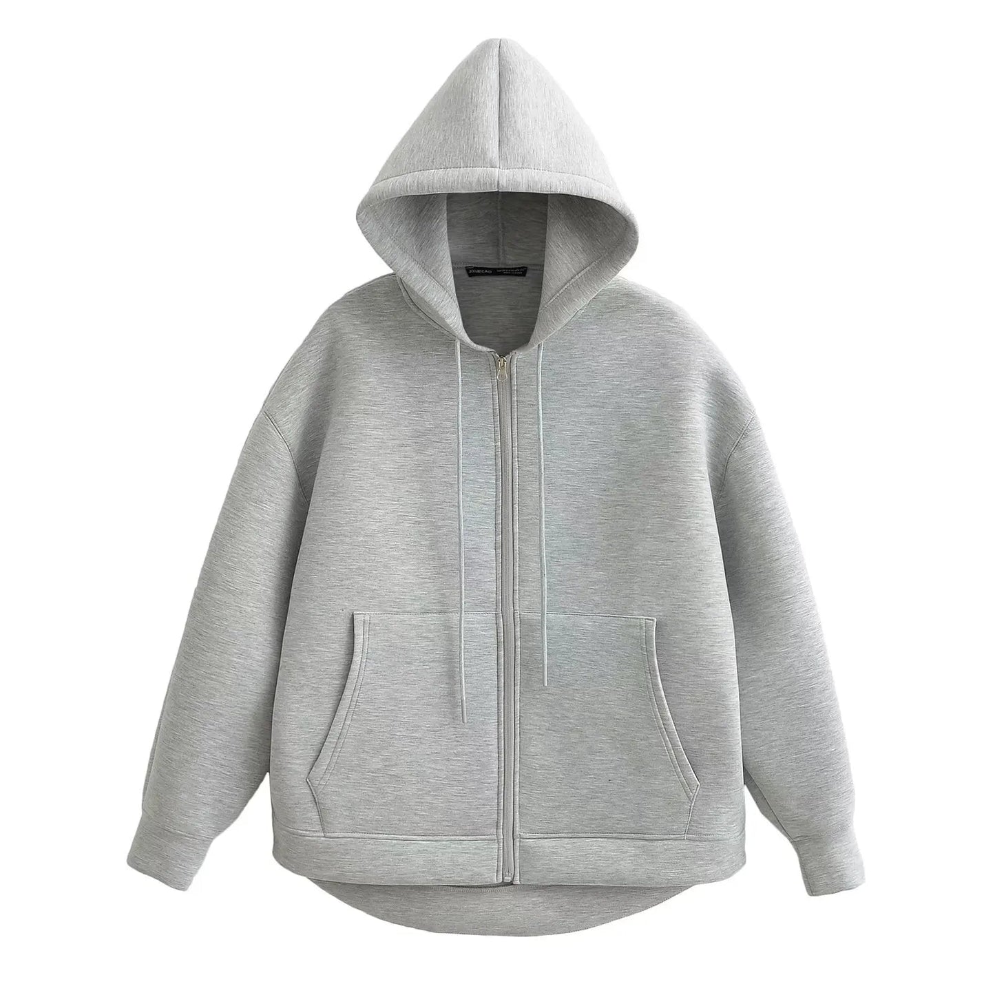 TRAFZA Autumn Women Gray Jacket With Hood Long Sleeve Big Pocket Zipper Jacket Coat Woman Loose Casual Outerwear Coat Tops - Avero