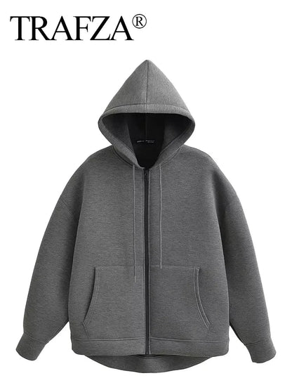 TRAFZA Autumn Women Gray Jacket With Hood Long Sleeve Big Pocket Zipper Jacket Coat Woman Loose Casual Outerwear Coat Tops - Avero