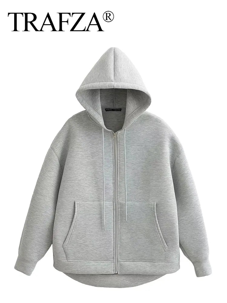 TRAFZA Autumn Women Gray Jacket With Hood Long Sleeve Big Pocket Zipper Jacket Coat Woman Loose Casual Outerwear Coat Tops - Avero