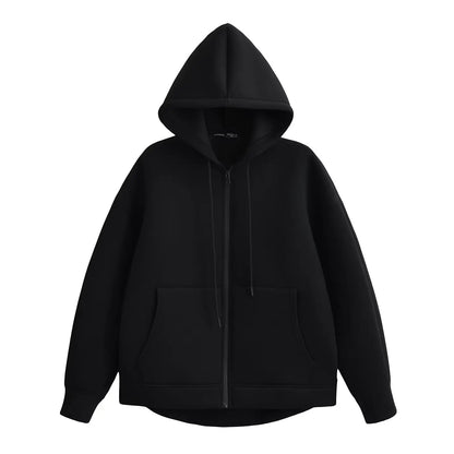 TRAFZA Autumn Women Gray Jacket With Hood Long Sleeve Big Pocket Zipper Jacket Coat Woman Loose Casual Outerwear Coat Tops - Avero