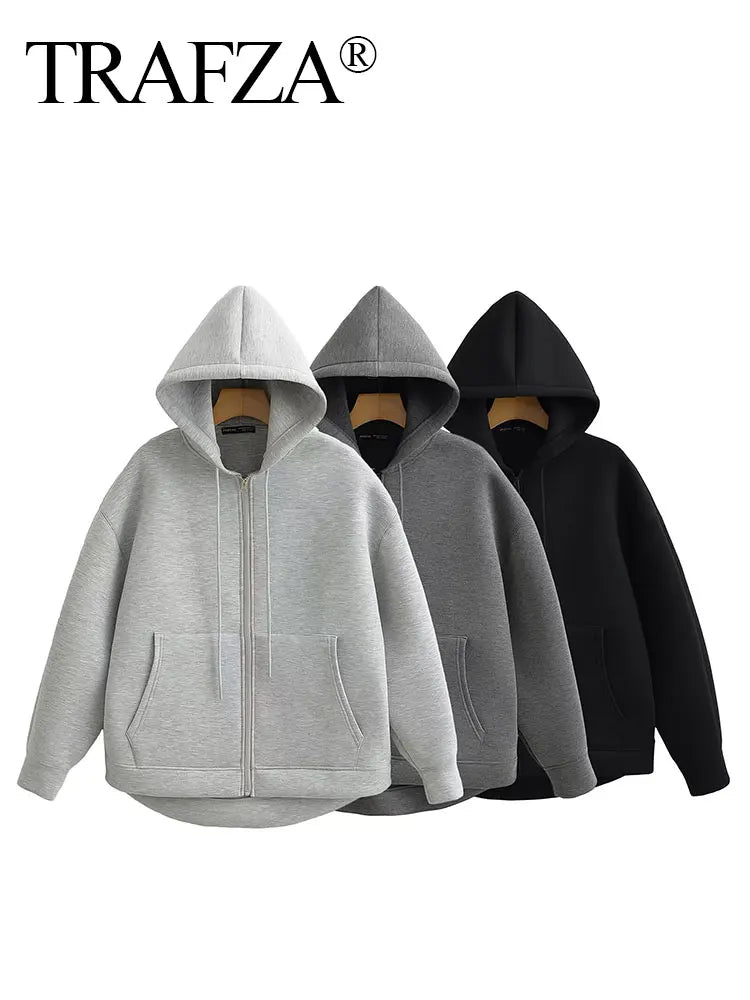 TRAFZA Autumn Women Gray Jacket With Hood Long Sleeve Big Pocket Zipper Jacket Coat Woman Loose Casual Outerwear Coat Tops - Avero