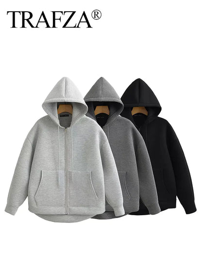 TRAFZA Autumn Women Gray Jacket With Hood Long Sleeve Big Pocket Zipper Jacket Coat Woman Loose Casual Outerwear Coat Tops - Avero