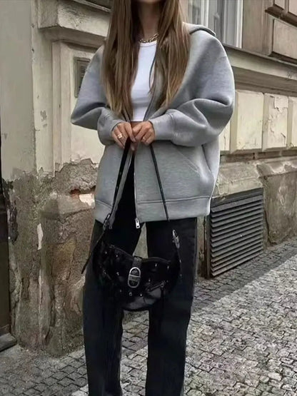 TRAFZA Autumn Women Gray Jacket With Hood Long Sleeve Big Pocket Zipper Jacket Coat Woman Loose Casual Outerwear Coat Tops - Avero