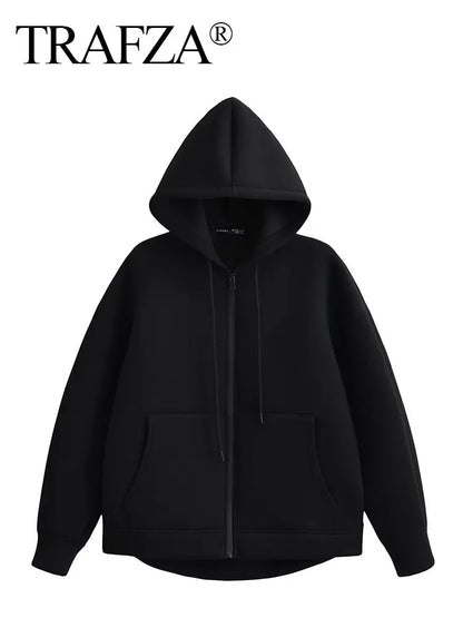 TRAFZA Autumn Women Gray Jacket With Hood Long Sleeve Big Pocket Zipper Jacket Coat Woman Loose Casual Outerwear Coat Tops - Avero