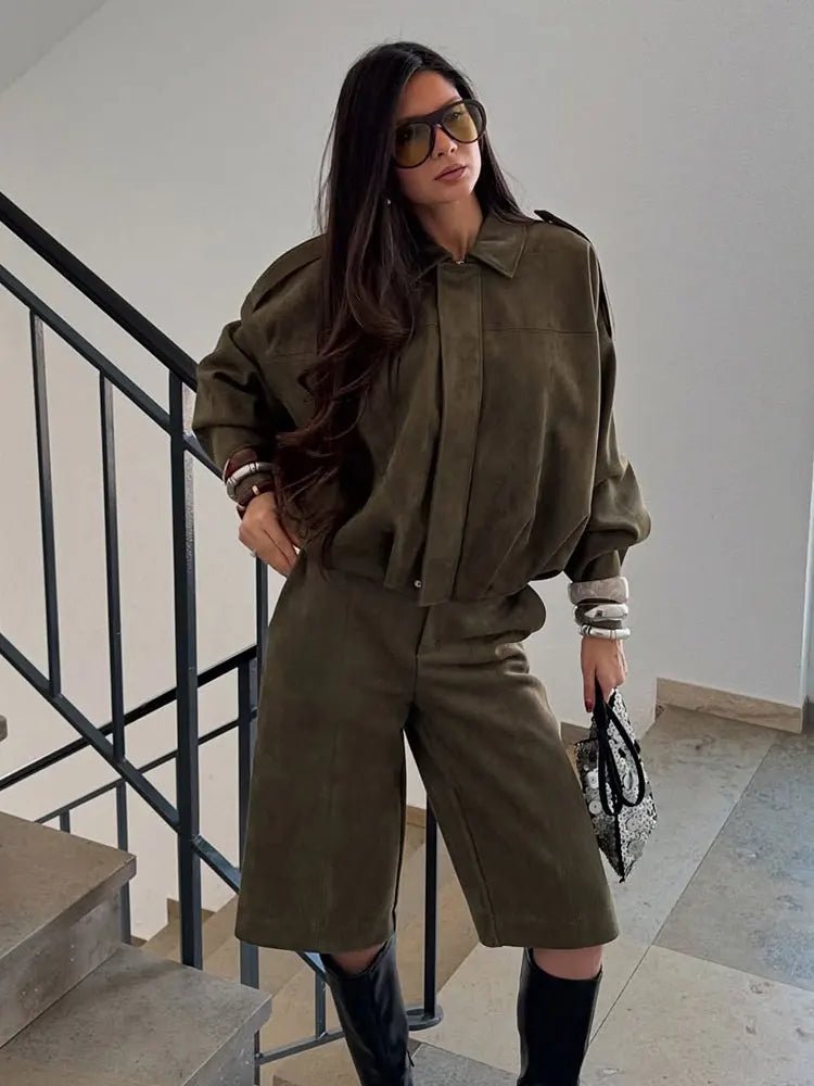 TRAFZA Women Brown Green Suede Jacket Loose Casual Bomber Coat Lapel Zipper Long Sleeve Jackets Vintage Lady Motorcycle Outwears - Avero