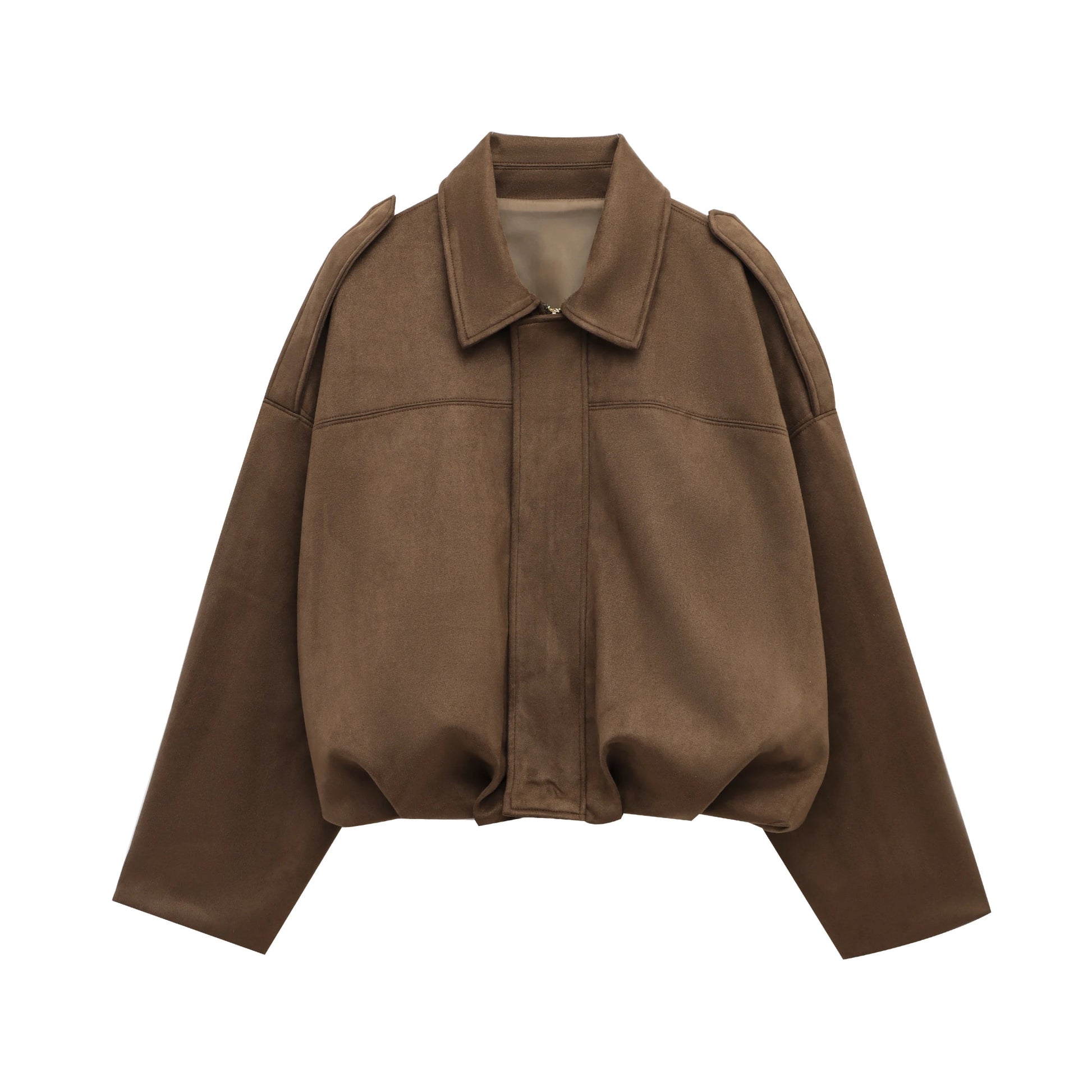 TRAFZA Women Brown Green Suede Jacket Loose Casual Bomber Coat Lapel Zipper Long Sleeve Jackets Vintage Lady Motorcycle Outwears - Avero
