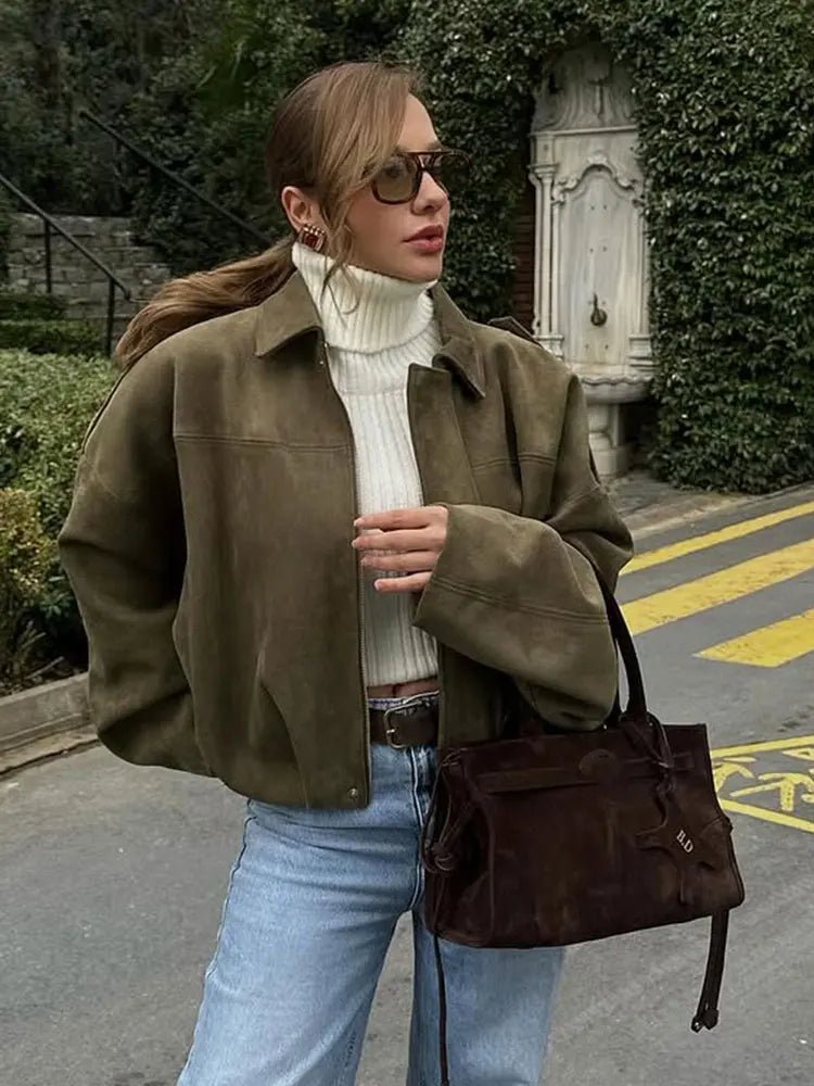 TRAFZA Women Brown Green Suede Jacket Loose Casual Bomber Coat Lapel Zipper Long Sleeve Jackets Vintage Lady Motorcycle Outwears - Avero