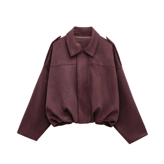 TRAFZA Women Brown Green Suede Jacket Loose Casual Bomber Coat Lapel Zipper Long Sleeve Jackets Vintage Lady Motorcycle Outwears - Avero