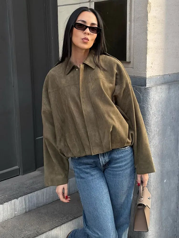 TRAFZA Women Brown Green Suede Jacket Loose Casual Bomber Coat Lapel Zipper Long Sleeve Jackets Vintage Lady Motorcycle Outwears - Avero