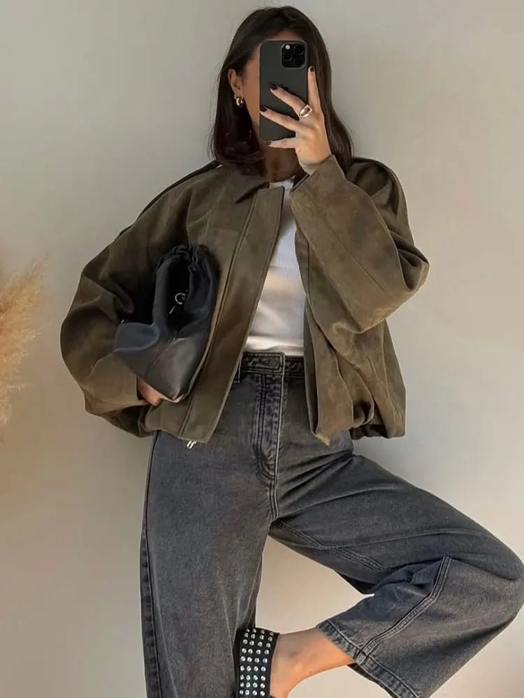 TRAFZA Women Brown Green Suede Jacket Loose Casual Bomber Coat Lapel Zipper Long Sleeve Jackets Vintage Lady Motorcycle Outwears - Avero